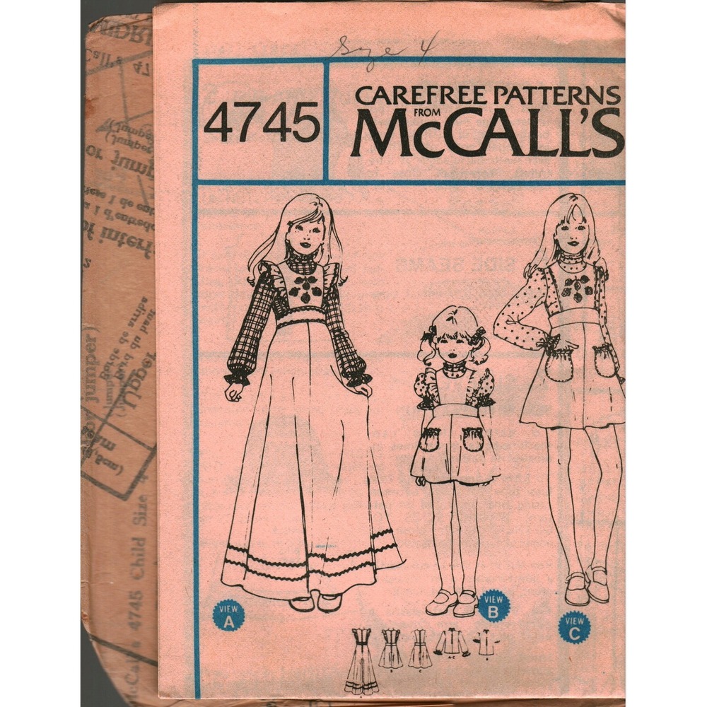 Vintage McCall's 4745 Girls Pinafore Jumper Blouse Sewing Pattern Size 4 Retro